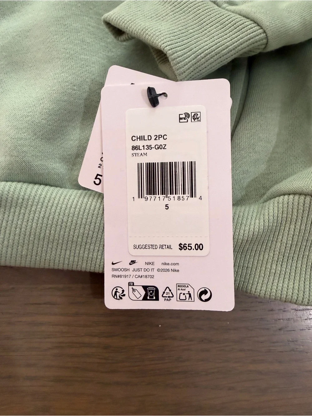 Nike Kids Sage Green Hoodie & Jogger Set with White Logo size 5